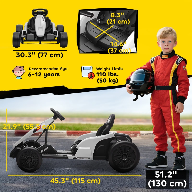 Qaba 24V Electric Go Kart with Dual 150W Motors, Adjustable Seat & 11.2MPH High Speed, Slow Start, 5-Point Harness, White