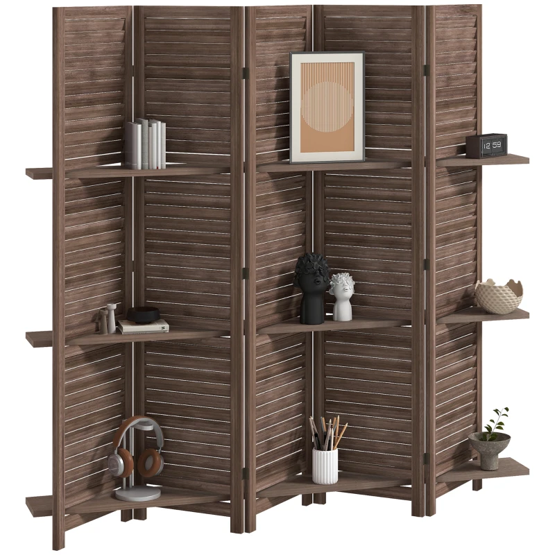 HOMCOM 5 Panel 67" Tall Wood Privacy Screen Room Divider with 3 Shelves and Folding Storage for Bedroom, Walnut