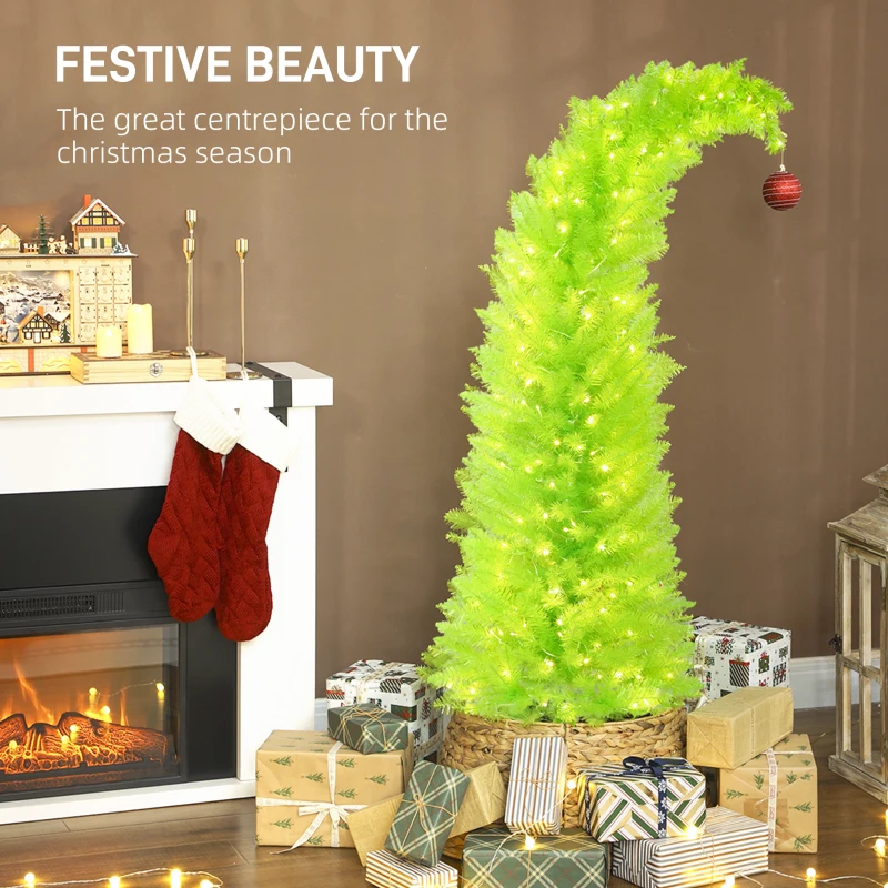 HOMCOM 5 ft Whimsical Christmas Tree, Pencil Xmas Tree with Red Ball, Metal Base, Prelit with 200 LED Lights