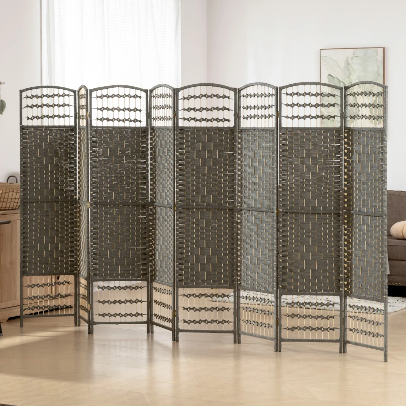 HOMCOM 8 Panel Folding Room Divider Portable Privacy Screen Wave Fiber Room Partition for Home Office Dark Gray