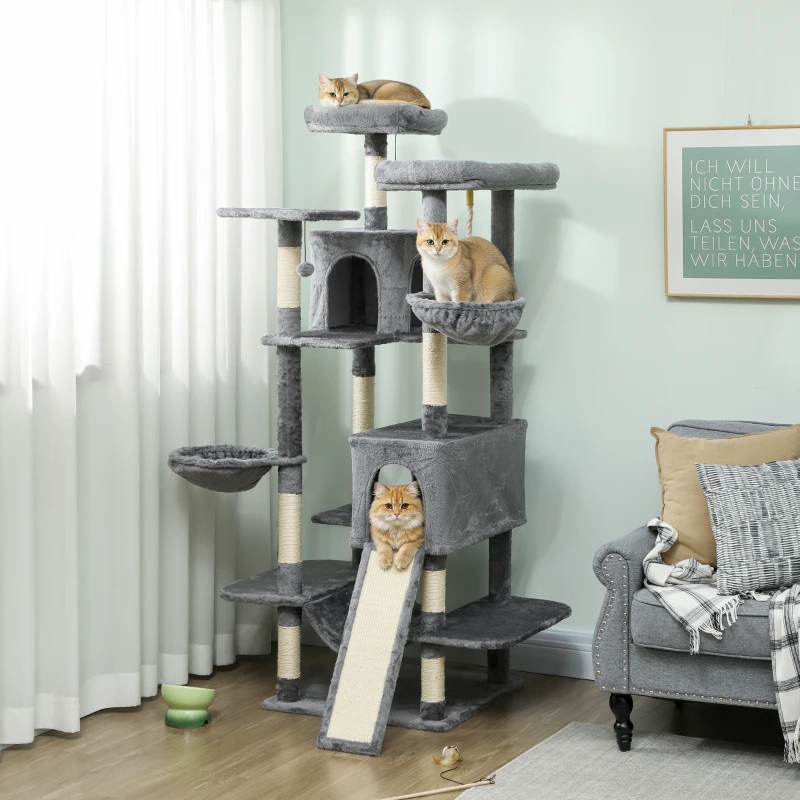 PawHut 69" Cat Tree, Multi-Level Cat Tower with 2 Condos and 3 Hammocks, 8 Scratching Posts, for Multiple Cats, Dark Gray