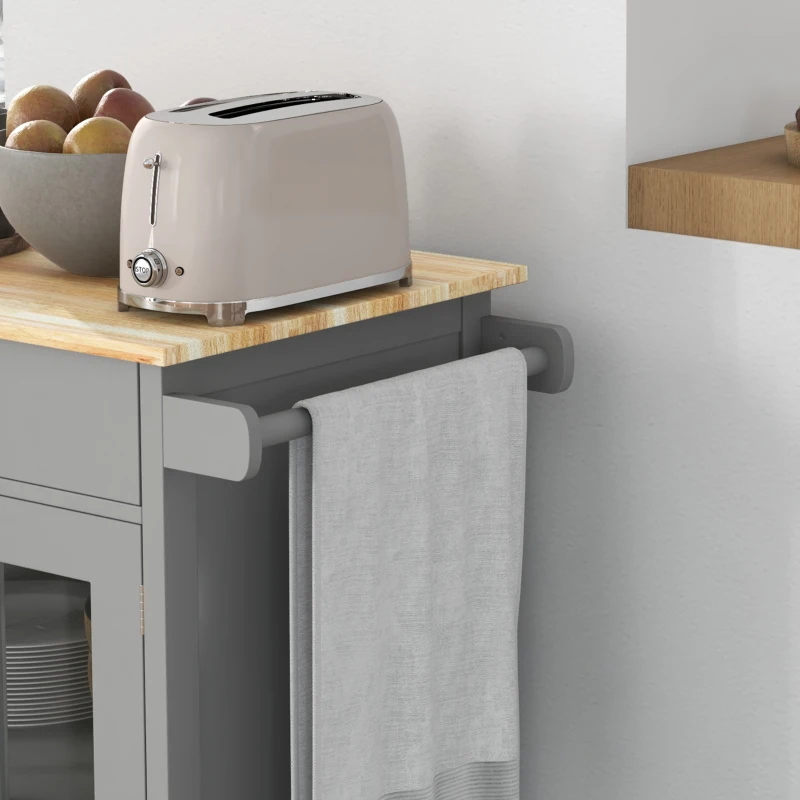 HOMCOM Rolling Kitchen Cart with Drawer and Glass Door Cabinet, Kitchen Island on Wheels with Towel Rack, Grey
