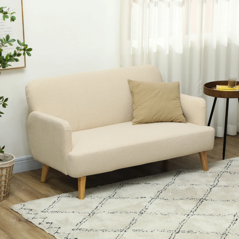 HOMCOM Velvet Feel Fabric 2 Seater Sofa, Small Sofa Loveseat with 8.3" Thick Padding and Wood Legs, Cream White