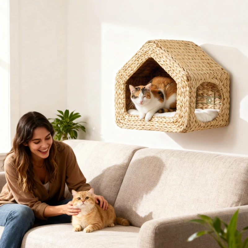 PawHut Wall Mounted Cat House, Cat Wall Furniture, Cat Wall Shelf with Washable Cushion, Natural