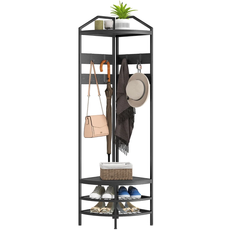 HOMCOM Corner Hall Tree, Industrial 4-Tier Coat Rack with Shoe Storage, 8 Movable Hooks and 2 Shelves for Hallway, Black