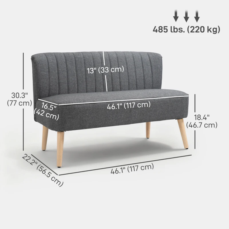 HOMCOM Modern 2 Seater Sofa, Upholstered Two Seater Couch with Rubber Wood Legs, Grey