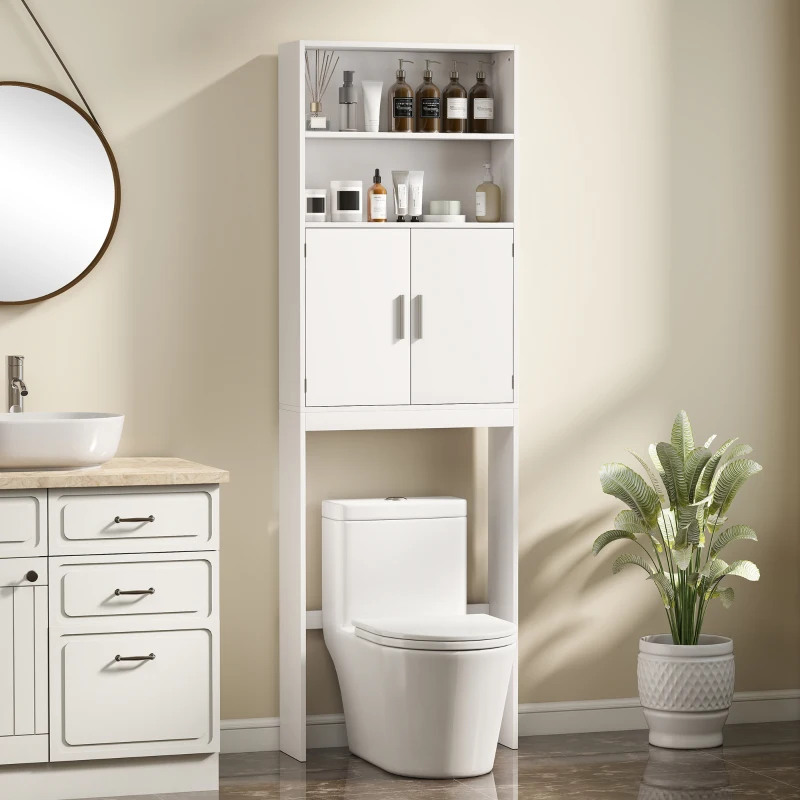 HOMCOM Over The Toilet Storage Cabinet, Freestanding 4-Tier Bathroom Organizer with Adjustable Shelf and 2 Doors, White
