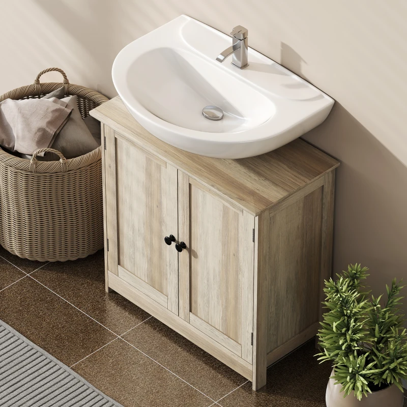 HOMCOM Bathroom Vanity Cabinet, Under Sink Bathroom Cabinet with 2 Doors and Adjustable Shelf, Weathered Gray Oak
