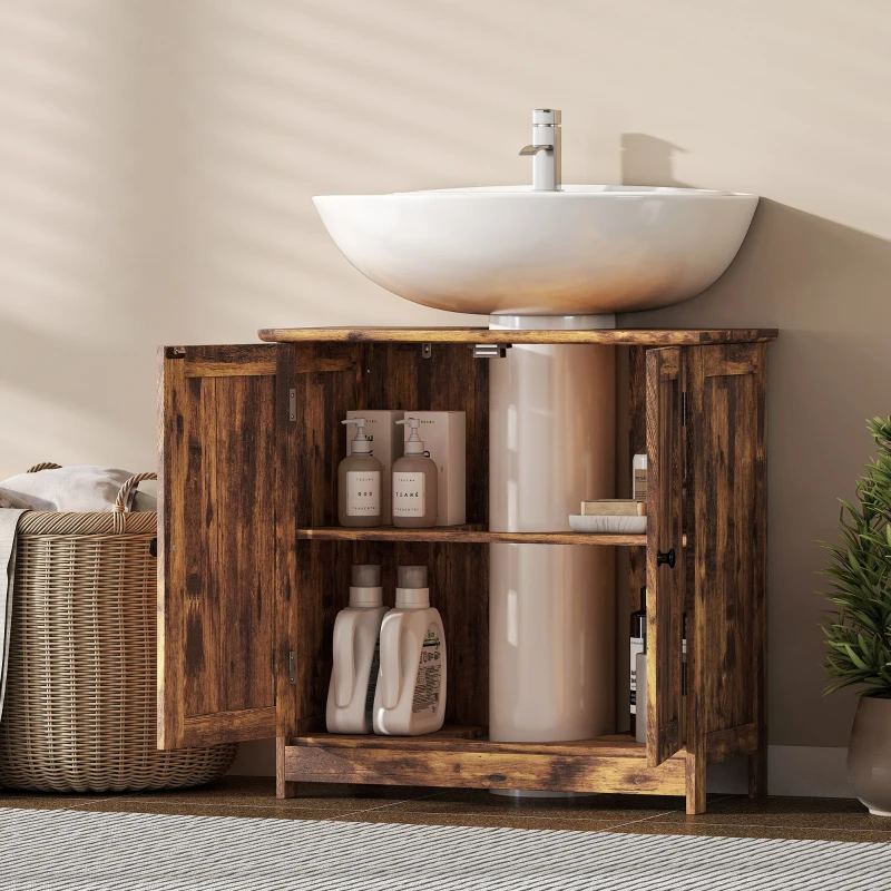 HOMCOM Bathroom Vanity Cabinet, Under Sink Bathroom Cabinet with 2 Doors and Adjustable Shelf, Rustic Brown