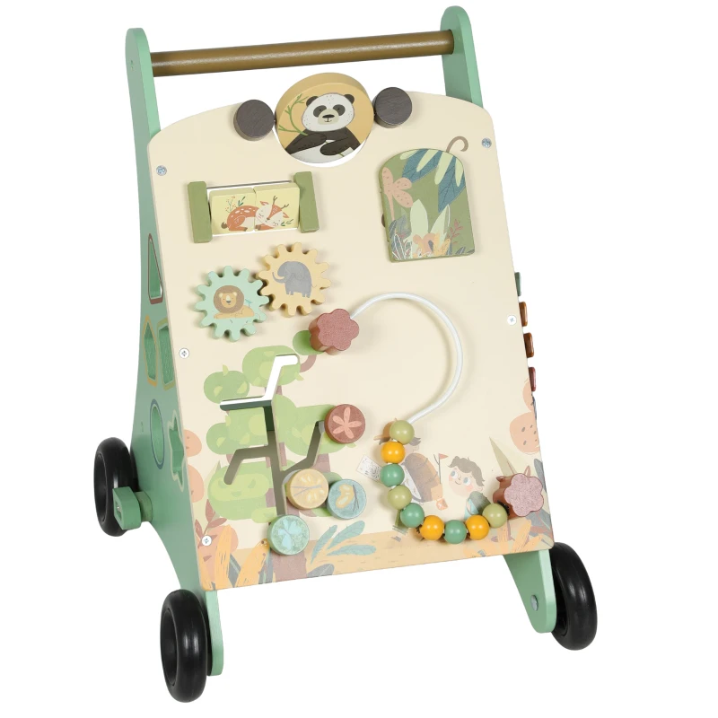 Qaba Wooden Baby Walker, Push Along Walker Toys with Speed Control, Xylophone, gears and Bead Maze, Green