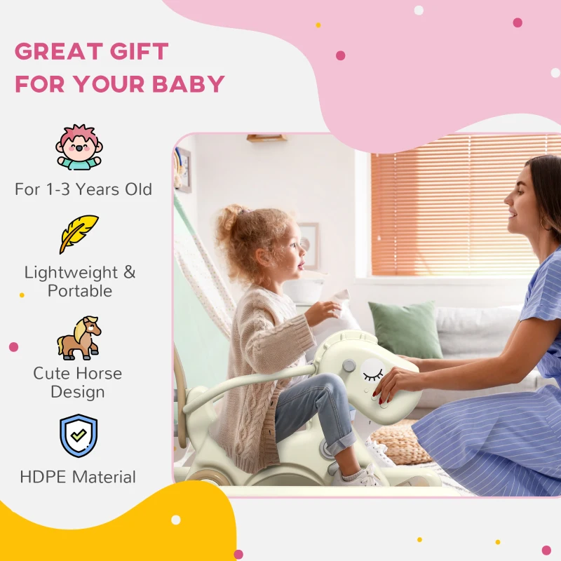 Qaba 5 in 1 Rocking Horse for Toddlers 1-6 Years with Balance Board, Push Handle, 4 Smooth Wheels