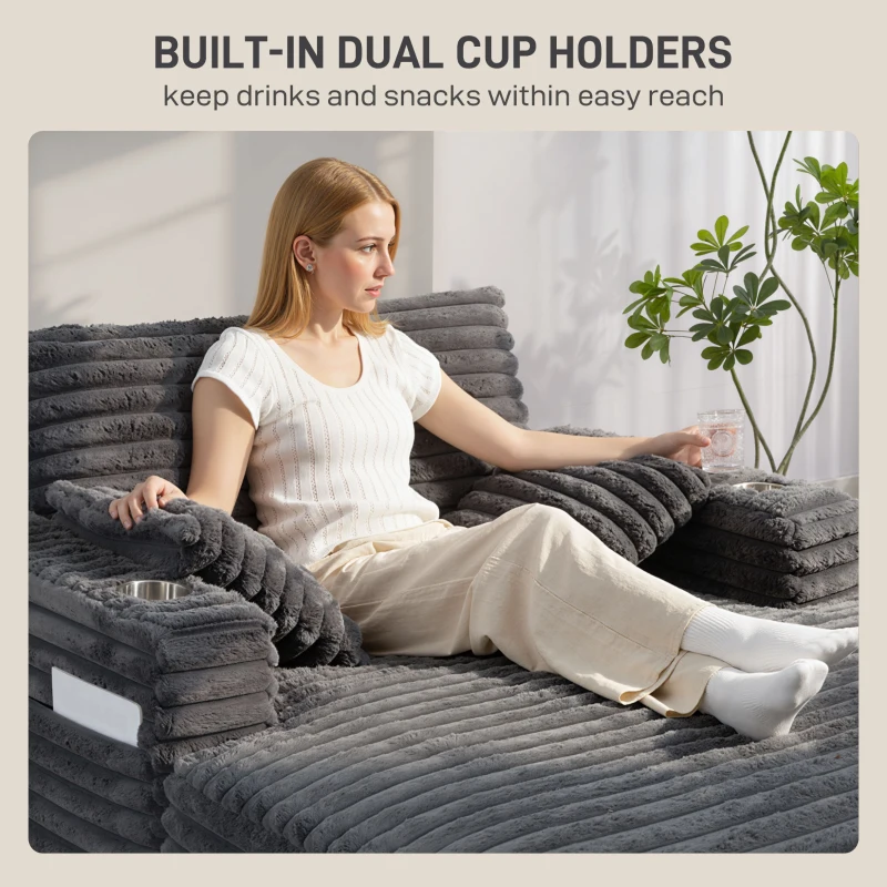 HOMCOM 60" Chaise Lounge Chair, Oversized Upholstered Sofa Bed with Cup Holders & Pillows, Sleeper Couch for Living Room, Grey