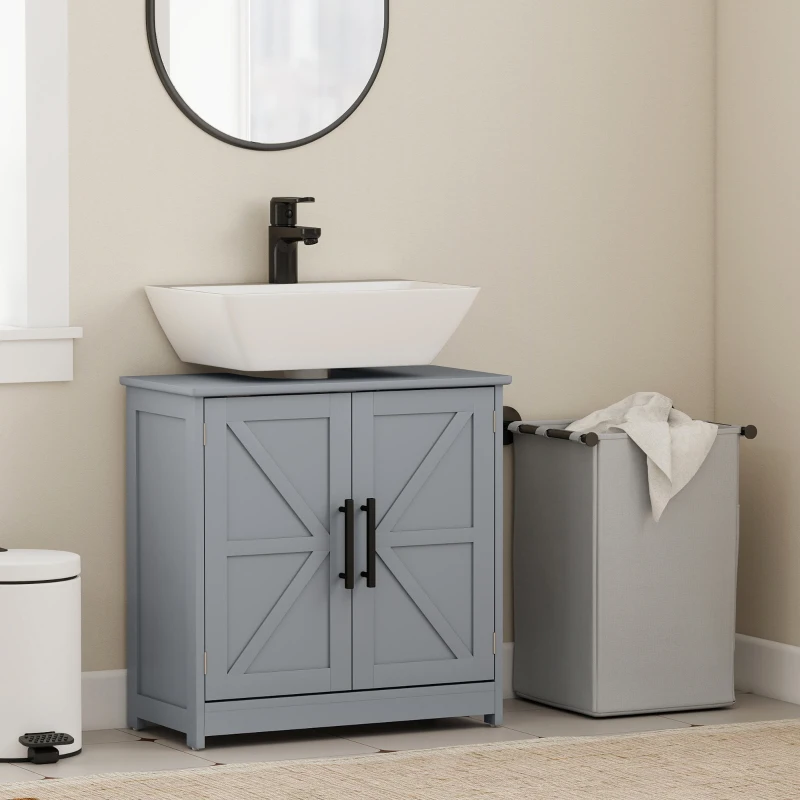 HOMCOM Farmhouse Pedestal Sink Storage Cabinet, Bathroom Sink Cabinet with 2 Barn Doors and Adjustable Shelf, Dark Gray
