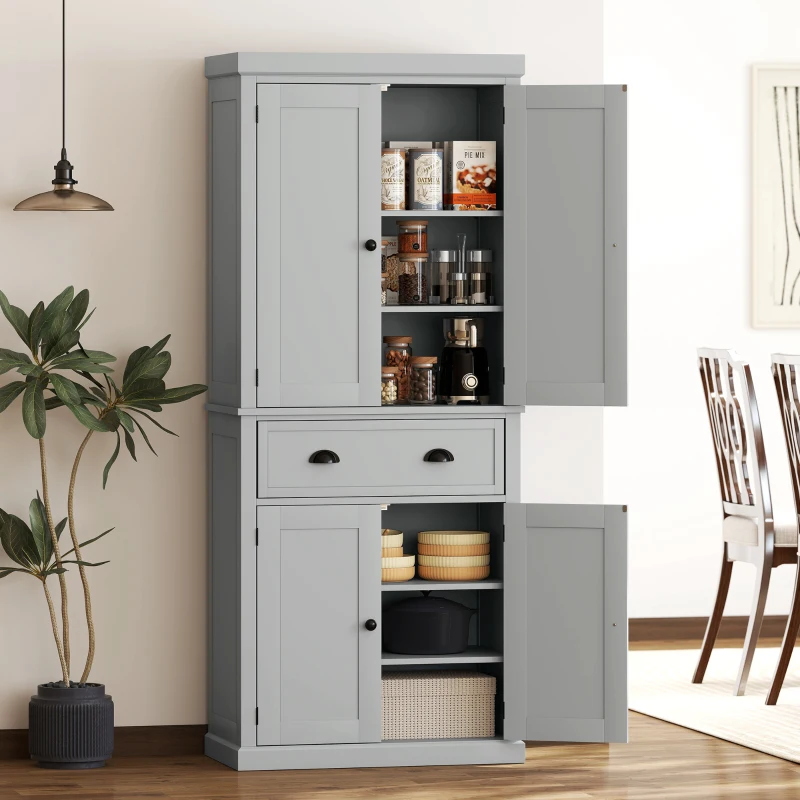 HOMCOM 72.5" Kitchen Cabinet, Pantry Storage Cabinet with Doors and Shelves, Freestanding Food Pantry Cabinet, Gray