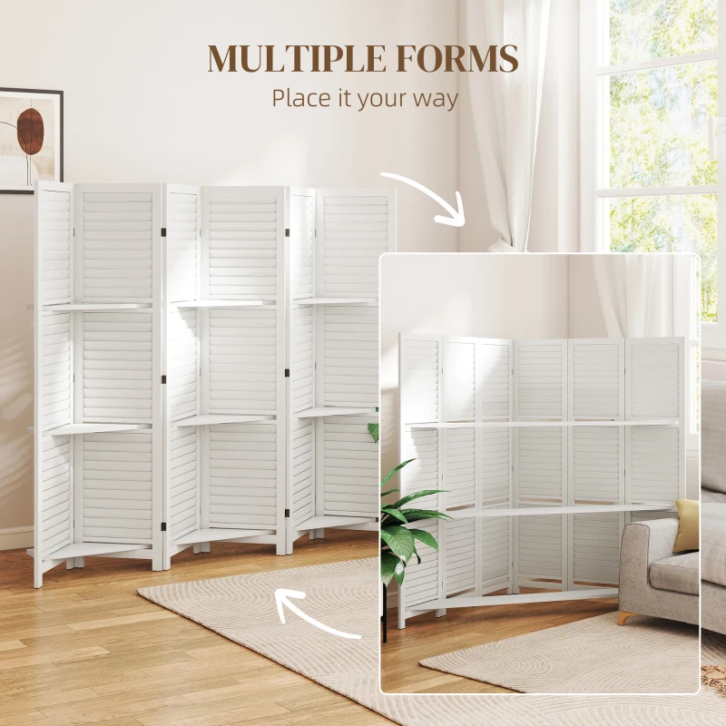 HOMCOM 6 Panel 67" Tall Wood Privacy Screen Room Divider with 3 Shelves and Folding Storage for Bedroom, White