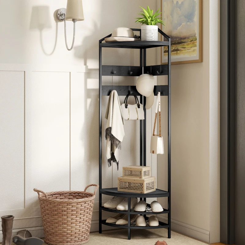 HOMCOM Corner Hall Tree, Industrial 4-Tier Coat Rack with Shoe Storage, 8 Movable Hooks and 2 Shelves for Hallway, Black