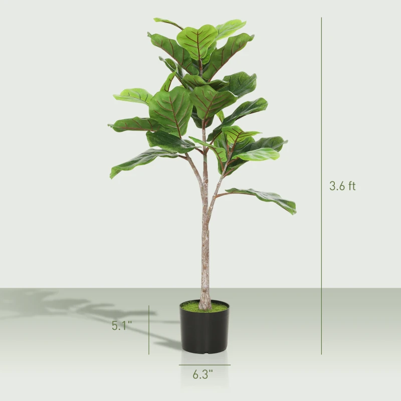 HOMCOM Artificial Fiddle Leaf Fig Tree, 43" Potted Plant with Flocked Soil for Home Office Decor, Green