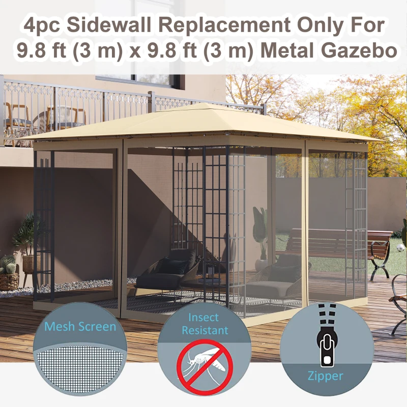 Outsunny Gazebo Replacement Mosquito Netting 10' x 10' Black Screen Walls for Canopy with Zippers for Parties and Outdoor Activities