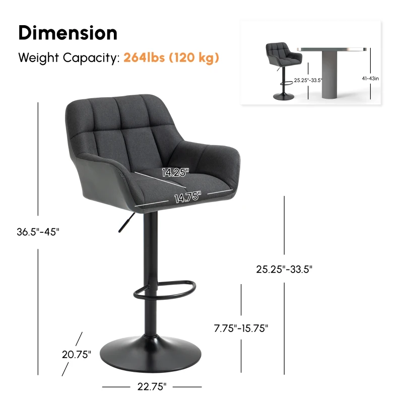 HOMCOM Swivel Barstools Set of 2 Adjustable Bar Stools with Footrest Armrests and PU Leather Back for Dining Room Black, Grey