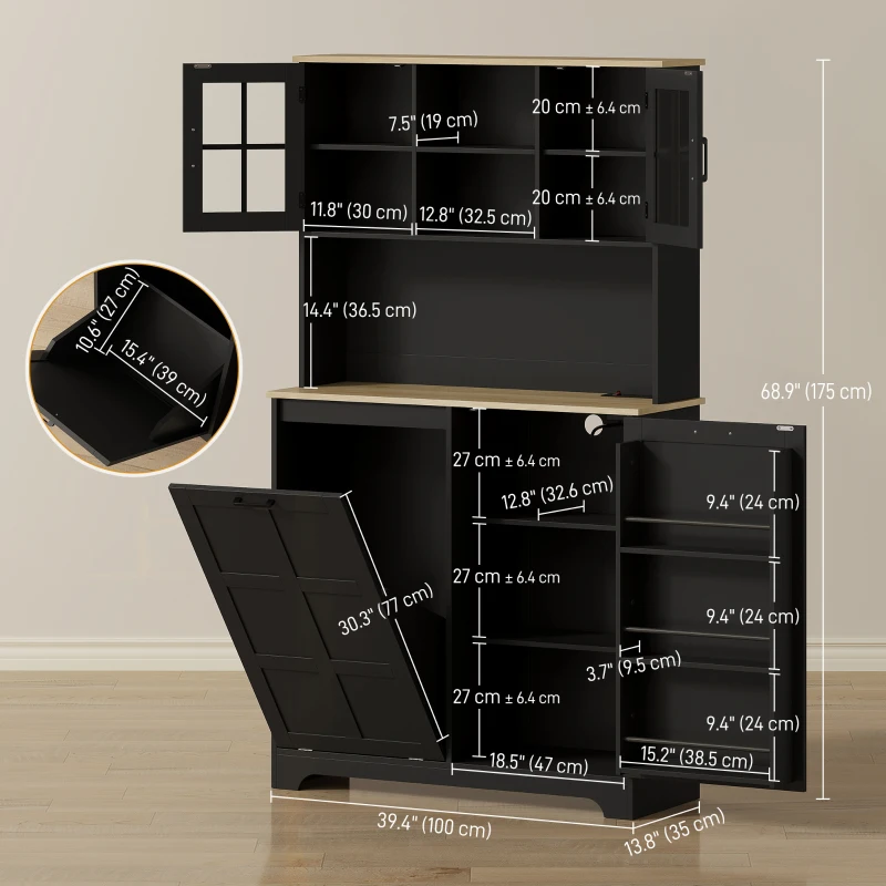 HOMCOM Kitchen Pantry Cabinet with Charging Station, 7 Gallon Trash Can Cabinet, Adjustable Shelves and Acrylic Doors, Black