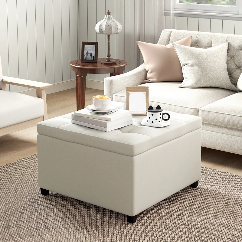 HOMCOM Round Storage Ottoman Bench, Button Tufted Ottoman with Flip Top for Living Room, Entryway and Bedroom, Beige