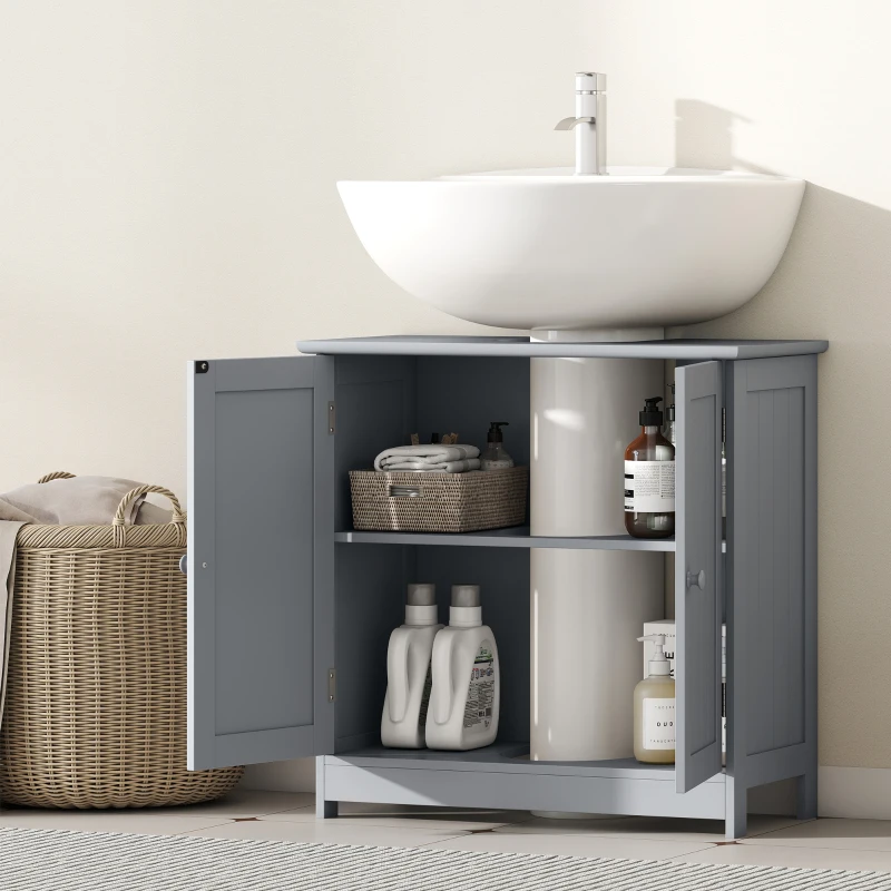 HOMCOM Under Sink Bathroom Cabinet, Pedestal Sink Storage Cabinet with 2 Doors, Shelf and U-Shape, Gray