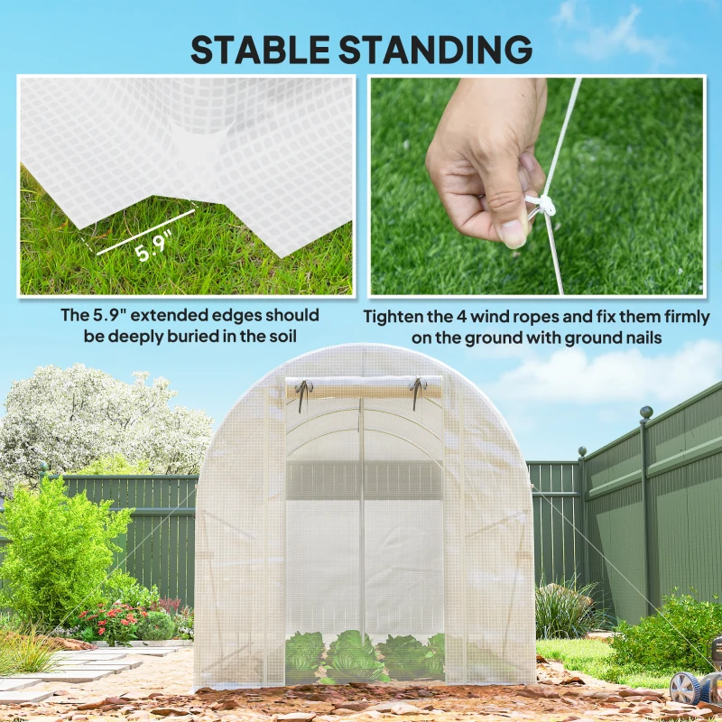Outsunny Hoop House Greenhouse, Walk-in Tunnel Greenhouse with 2 Support Rods, Zippered Roll-up Mesh Door, 14.6'x6.5'x6.6', White