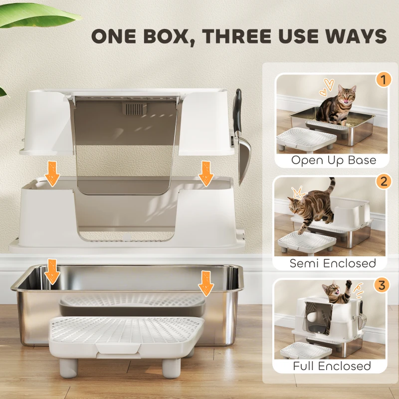 PawHut XL Stainless Steel Litter Box w/ 100° Flip Top, Scoop, Step, Top & Side Entry Enclosed Litter Box for Big Cats