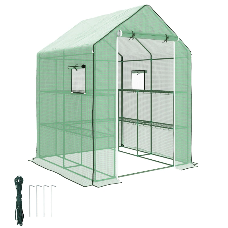 Outsunny 4.6' x 4.7' Portable Greenhouse, Water/UV Resistant Walk-In Small Outdoor Green House with 2 Tier U-Shaped Flower Rack Shelves, Roll Up Door & Windows, Green