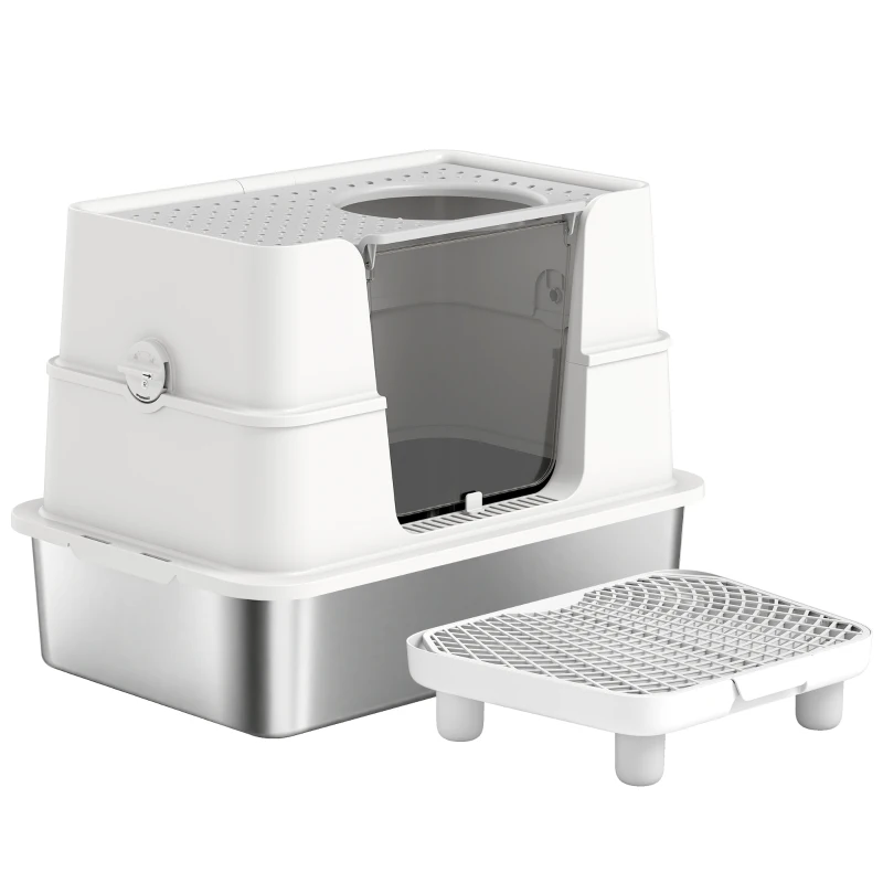 PawHut XL Stainless Steel Litter Box w/ 100° Flip Top, Scoop, Step, Top & Side Entry Enclosed Litter Box for Big Cats