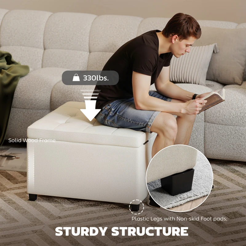 HOMCOM Round Storage Ottoman Bench, Button Tufted Ottoman with Flip Top for Living Room, Entryway and Bedroom, Beige