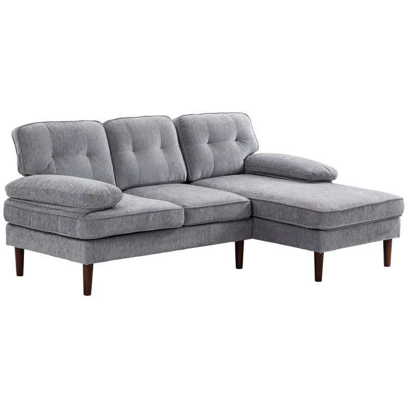 HOMCOM Modern Corner Couch with Right Chaise Lounge, Tufted 3-Seater Sofa with Wooden Legs for Living Room, Grey