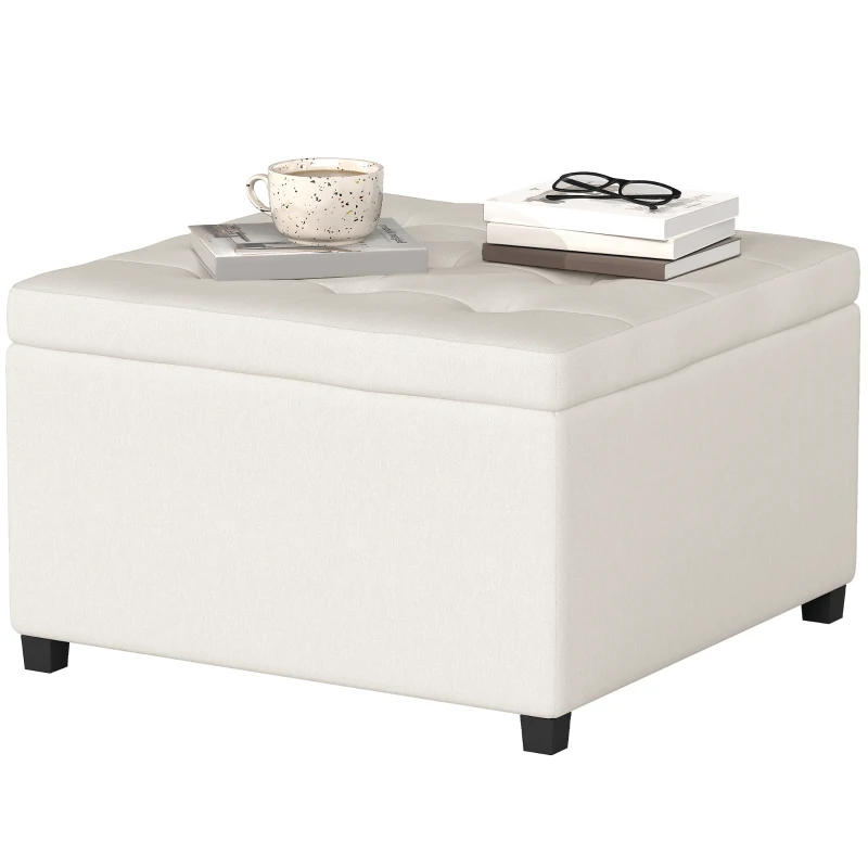 HOMCOM Round Storage Ottoman Bench, Button Tufted Ottoman with Flip Top for Living Room, Entryway and Bedroom, Beige