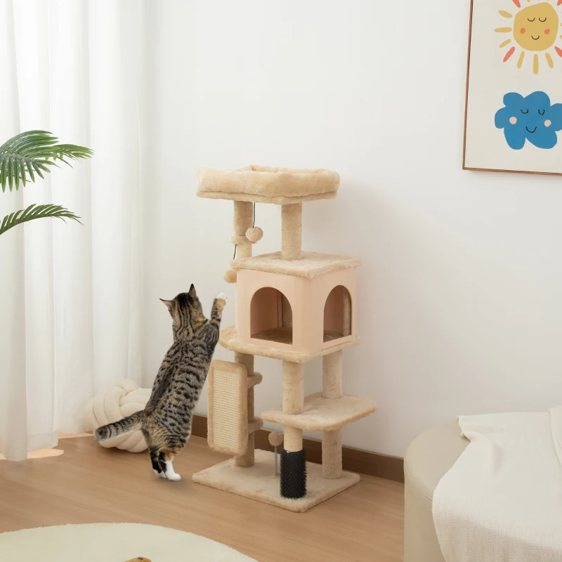 PawHut 41 Inch Cat Tree with Scratching Posts, Cat Bed, Condo, Grooming Brush, Jumping Platforms, Toy Balls, Anti-tip Kit