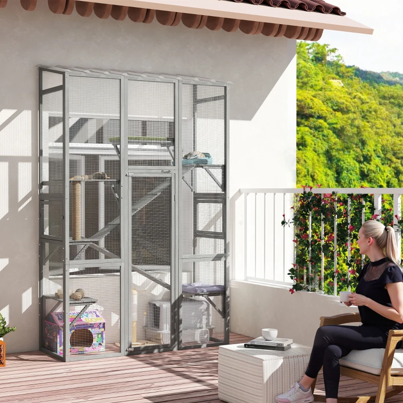 PawHut Wooden Catio Outdoor Cat Enclosure with 6 Jumping Platforms, Scratching Post, 2 Ramps, Waterproof Roof, Grey