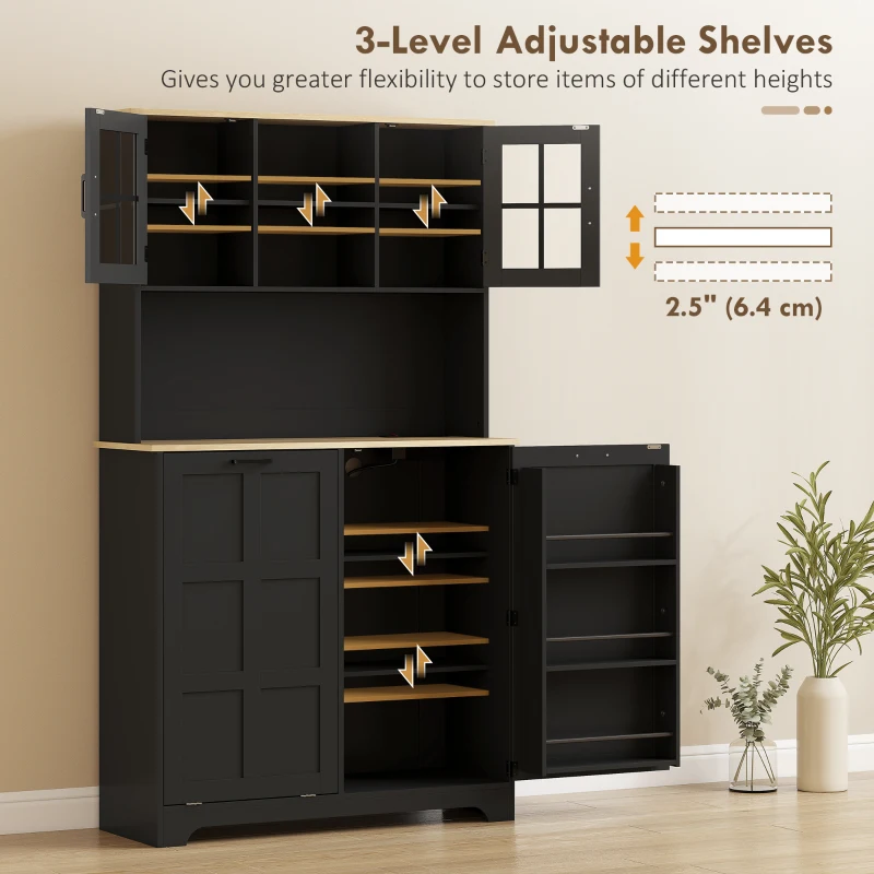 HOMCOM Kitchen Pantry Cabinet with Charging Station, 7 Gallon Trash Can Cabinet, Adjustable Shelves and Acrylic Doors, Black