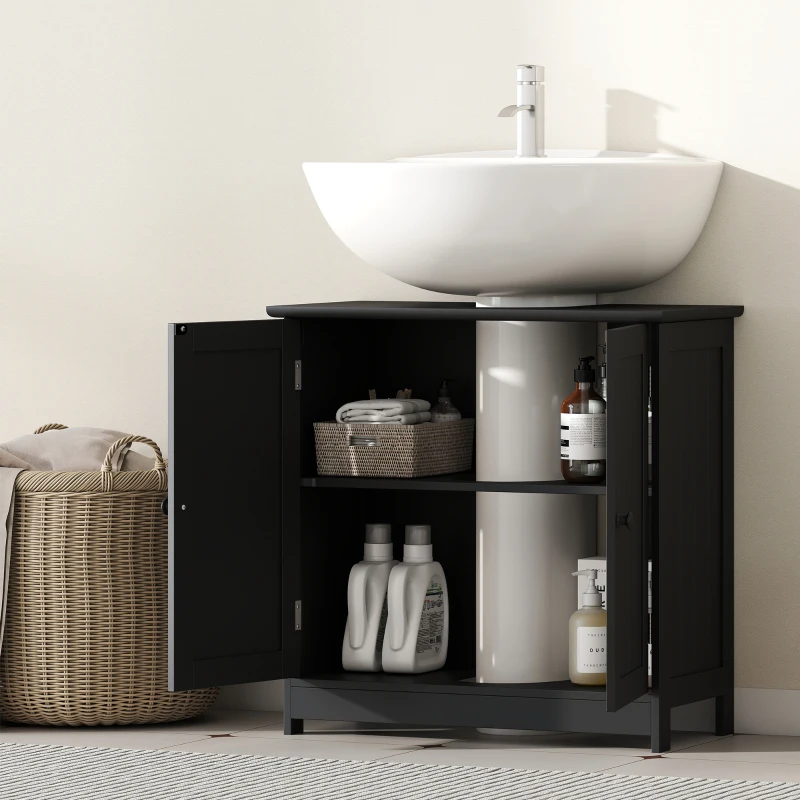 HOMCOM Under Sink Bathroom Cabinet, Pedestal Sink Storage Cabinet with 2 Doors, Shelf and U-Shape, Black