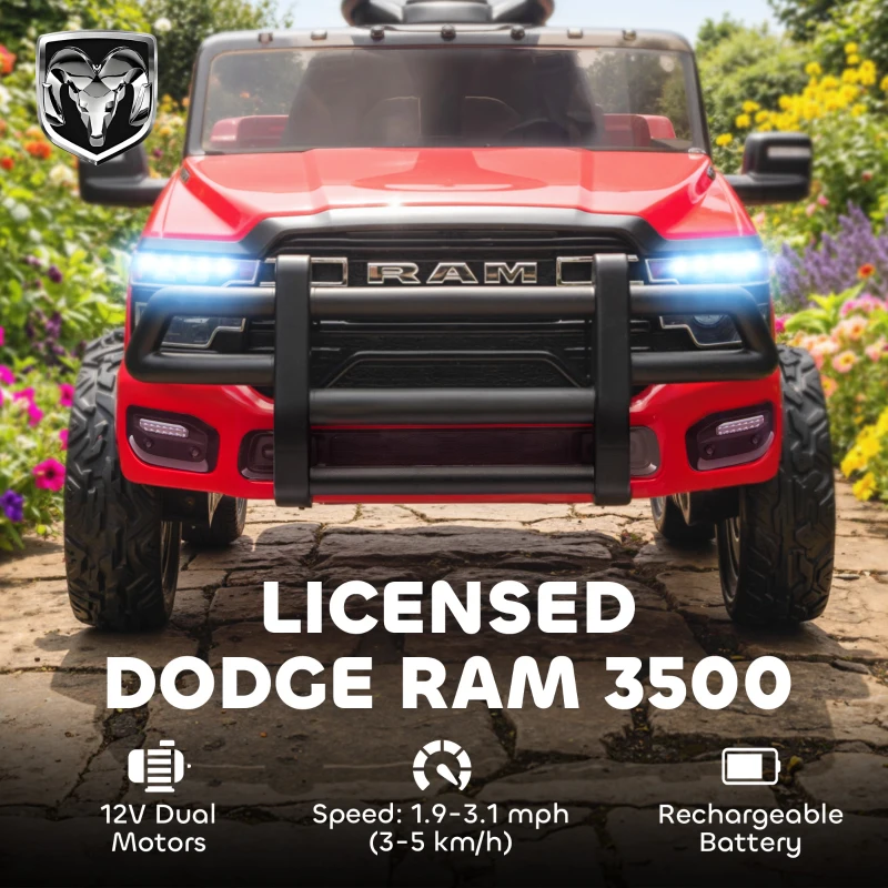 Qaba 12V Ride on Car, Licensed Dodge RAM 3500 Electric Vehicle with Remote Control, Suspension for 3-5 Years, Red