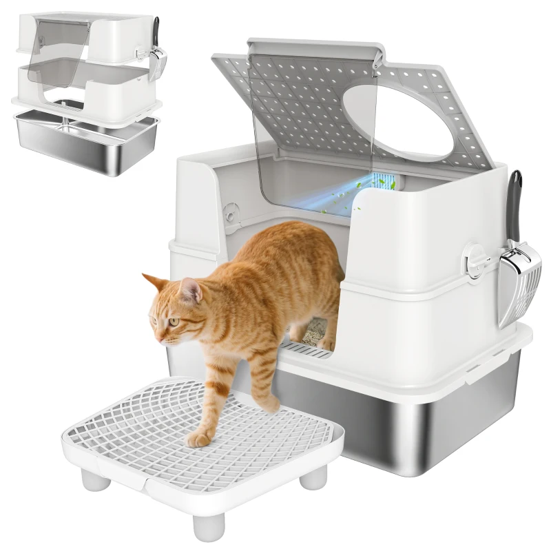 PawHut XL Stainless Steel Litter Box w/ 100° Flip Top, Scoop, Step, Top & Side Entry Enclosed Litter Box for Big Cats
