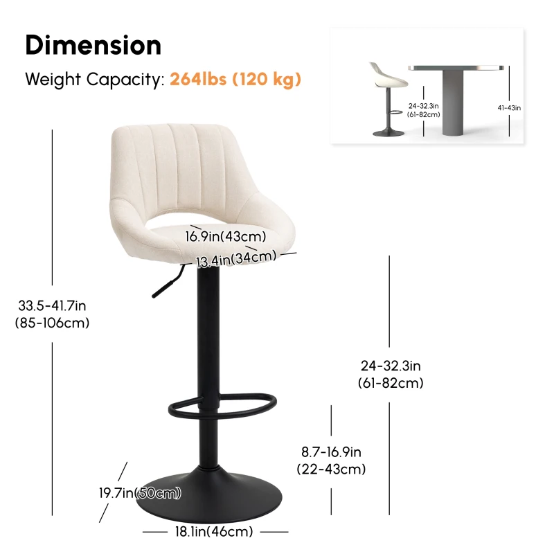 HOMCOM Bar Stools Set of 2, Swivel Counter Height Barstools with Adjustable Height, Linen Upholstered Bar Chairs with Round Metal Base and Footrest, Cream