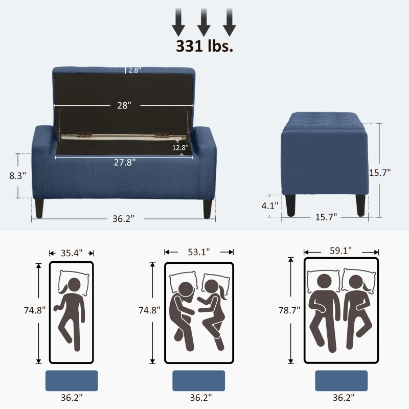 HOMCOM Upholstered Storage Ottoman Bench, Button Tufted Ottoman with Hidden Storage, Lift Top for Living Room, Dark Blue