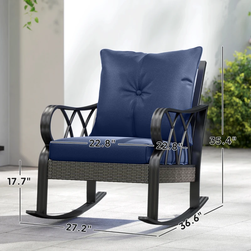 Outsunny Outdoor Wicker Rocking Chair with Padded Cushions, Aluminum Furniture, Rattan Porch Rocker Chair w/ Armrest, Navy Blue
