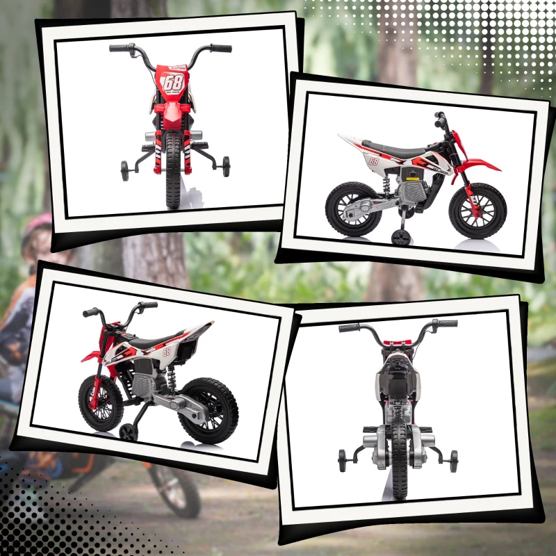 Qaba 12V Kids Dirt Bike, Electric Motorcycle with Twist Grip Throttle, Training Wheels, Rear Suspension & Music, Red