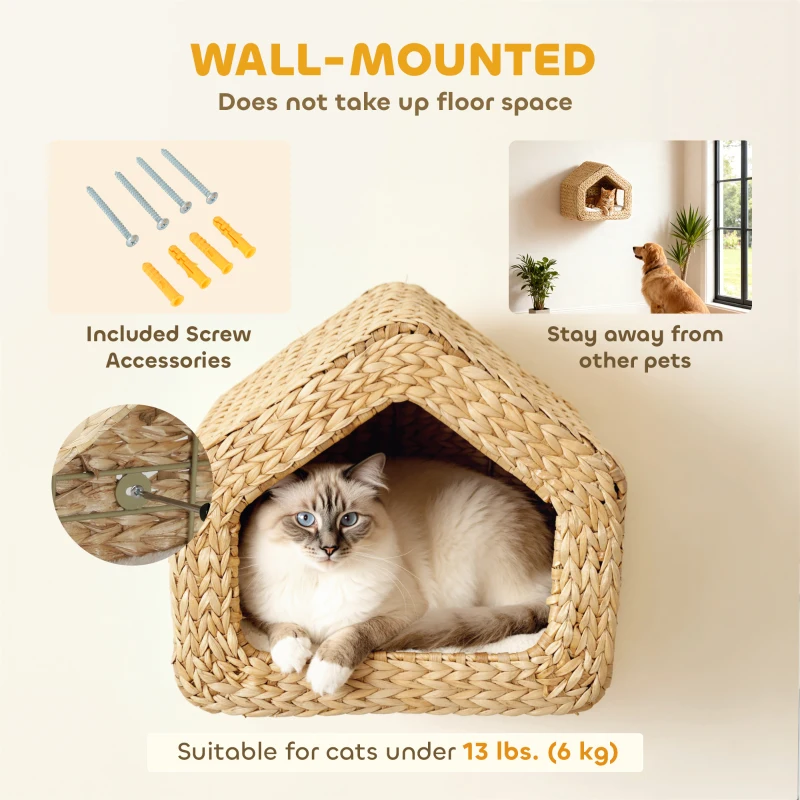 PawHut Cat Wall Shelf, Wall Mounted Cat House with Washable Cushion, Kitty Shelf Furniture for Indoor Kittens, Natural