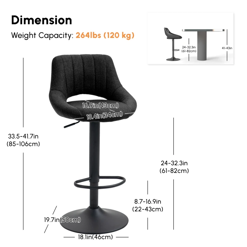 HOMCOM Swivel Bar Stools Set of 2, Linen Upholstered Counter Height Barstools with Round Metal Base