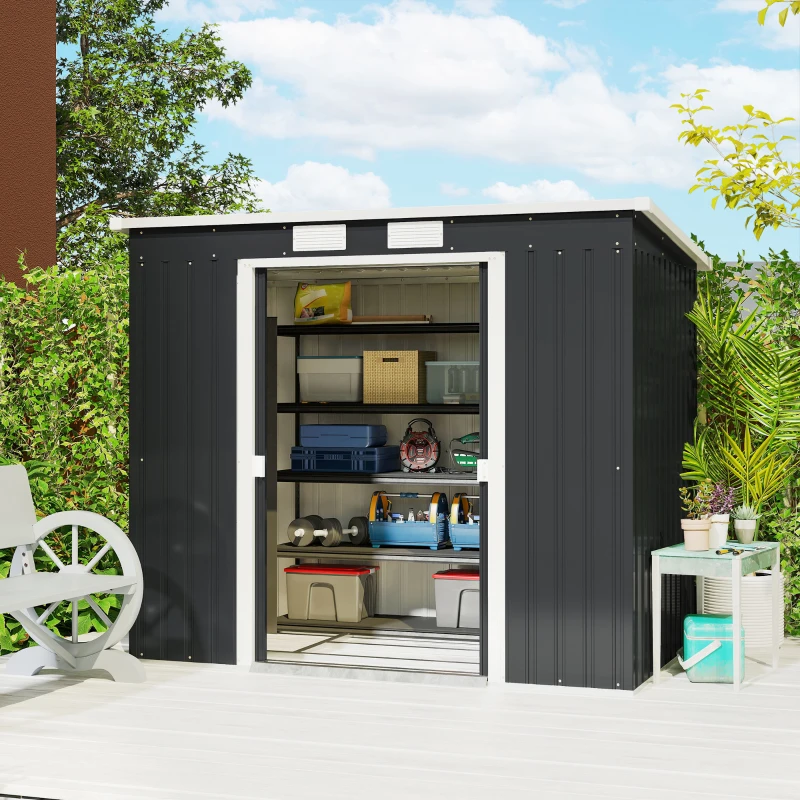Outsunny 7 x 4ft Galvanised Steel Garden Shed, with Foundation Kit - Dark Grey