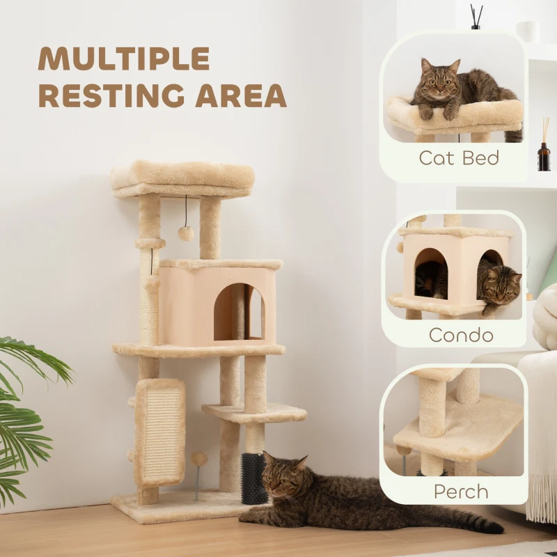 PawHut 41 Inch Cat Tree with Scratching Posts, Cat Bed, Condo, Grooming Brush, Jumping Platforms, Toy Balls, Anti-tip Kit