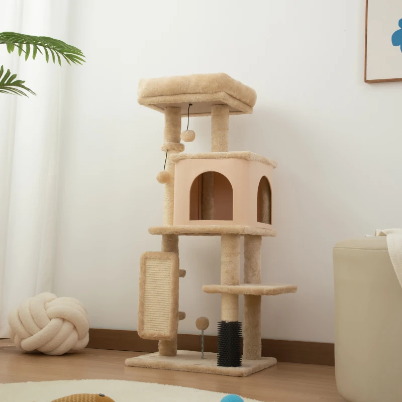 PawHut 41 Inch Cat Tree with Scratching Posts, Cat Bed, Condo, Grooming Brush, Jumping Platforms, Toy Balls, Anti-tip Kit