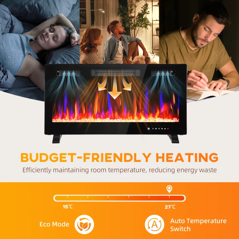HOMCOM 36" Thin Electric Fireplace, Freestanding, Wall Mounted Fireplace Heater with Eco Mode, Auto Switch, Remote, 1500W