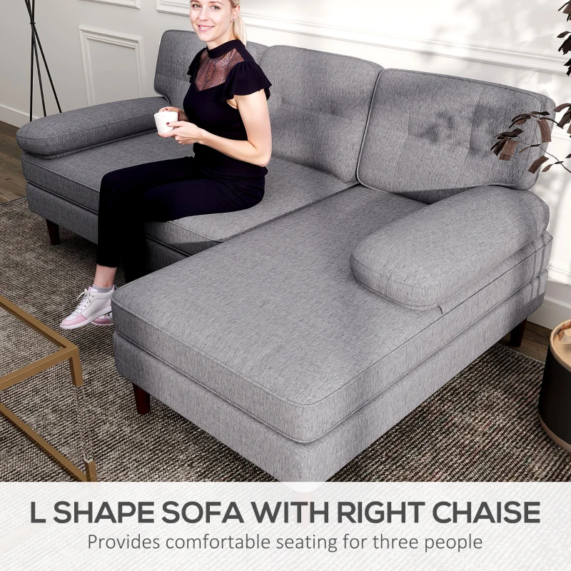 HOMCOM Modern Corner Couch with Right Chaise Lounge, Tufted 3-Seater Sofa with Wooden Legs for Living Room, Grey